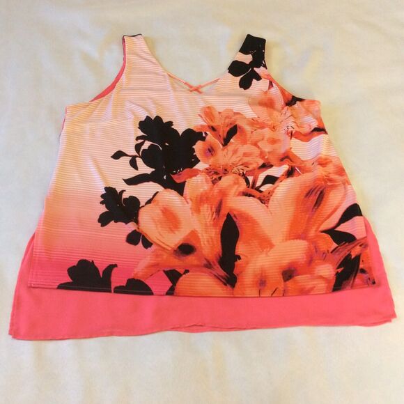Worthington Woman’s Size PXL Pink Black Floral Sheer Layered Tank/TunIc/Blouse - Picture 3 of 7